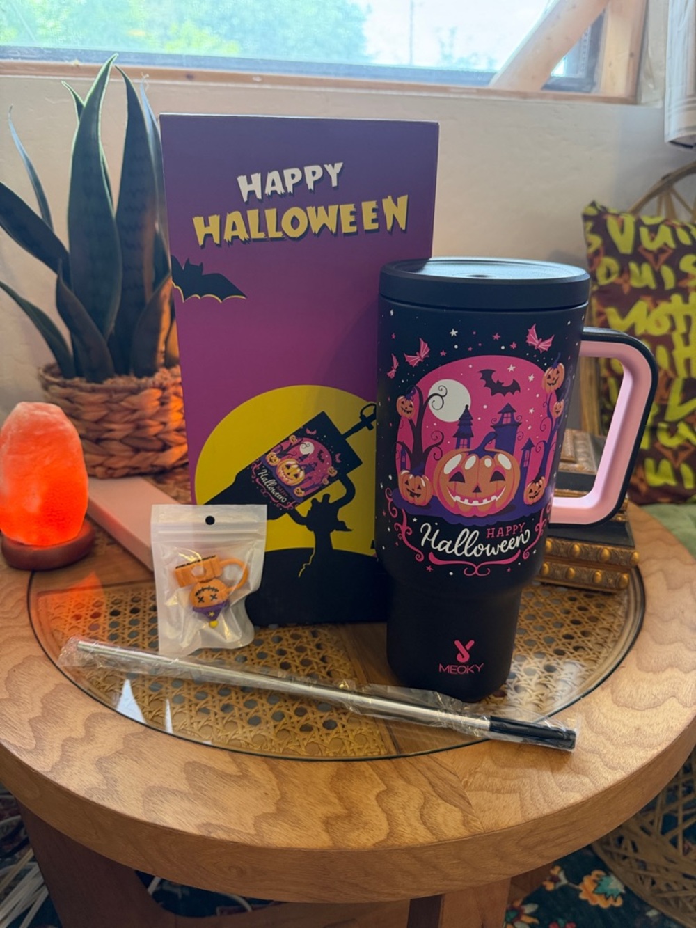 Black & Pink Happy Halloween Travel Mug - Festive Pumpkin Design